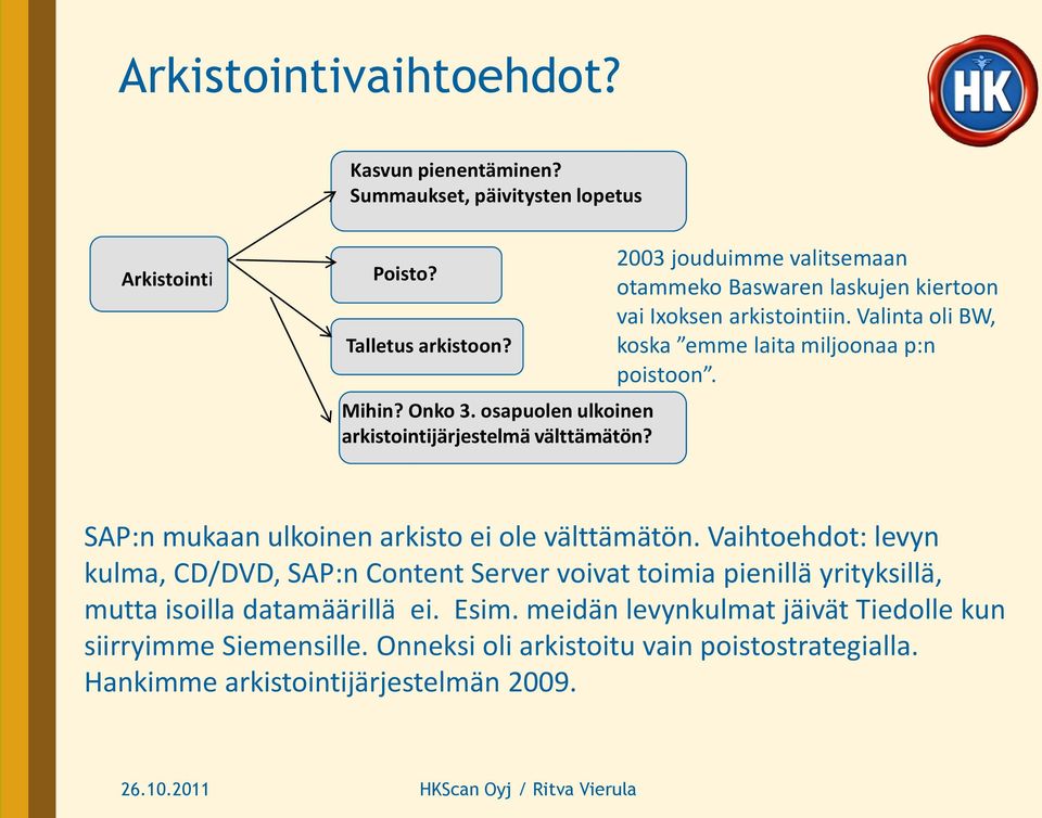 Valinta oli BW, koska emme laita miljoonaa p:n poistoon. SAP:n mukaan ulkoinen arkisto ei ole välttämätön.