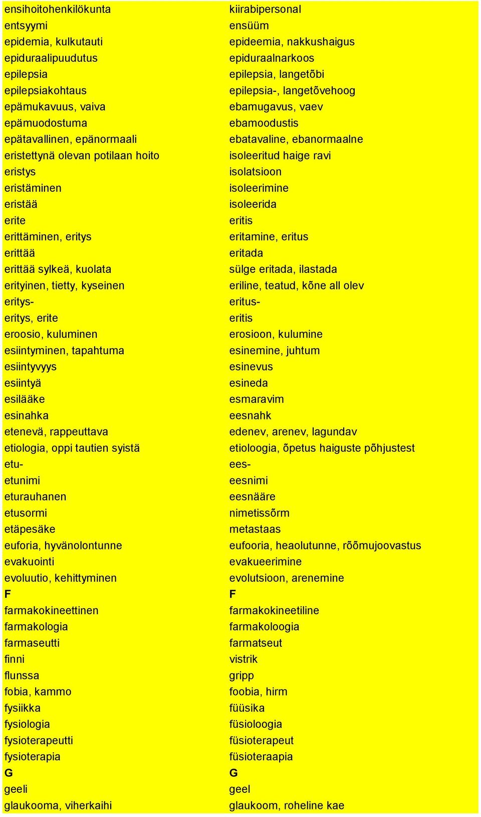 esmaravim eesnahk edenev, arenev, lagundav etioloogia, õpetus haiguste põhjustest ees- eesnimi eesnääre nimetissõrm metastaas eufooria, heaolutunne, rõõmujoovastus evakueerimine evolutsioon,