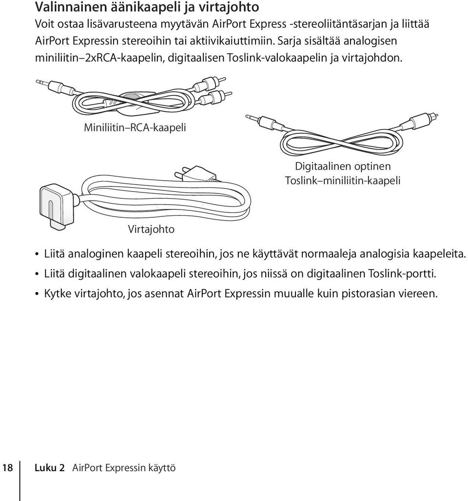 Miniliitin RCA-kaapeli Digitaalinen optinen Toslink miniliitin-kaapeli Virtajohto Â Liitä analoginen kaapeli stereoihin, jos ne käyttävät normaaleja analogisia