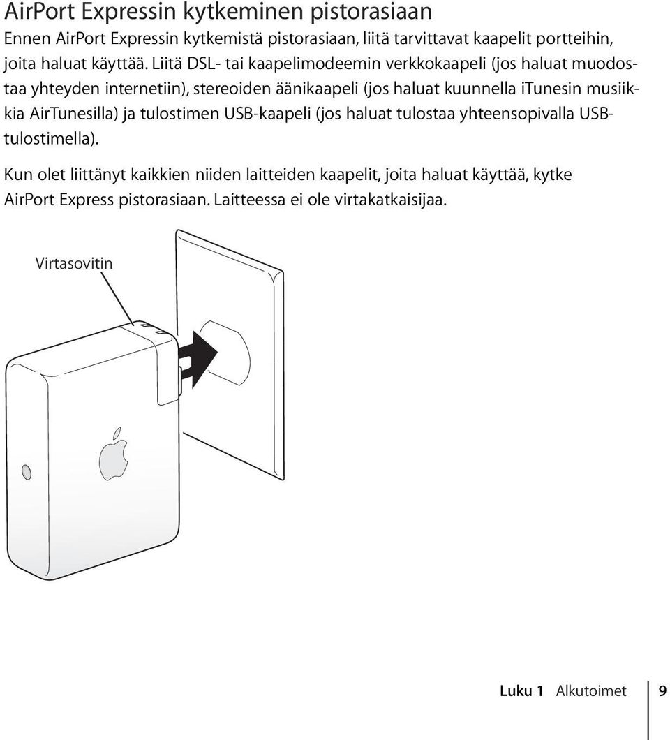 Liitä DSL- tai kaapelimodeemin verkkokaapeli (jos haluat muodostaa yhteyden internetiin), stereoiden äänikaapeli (jos haluat kuunnella itunesin