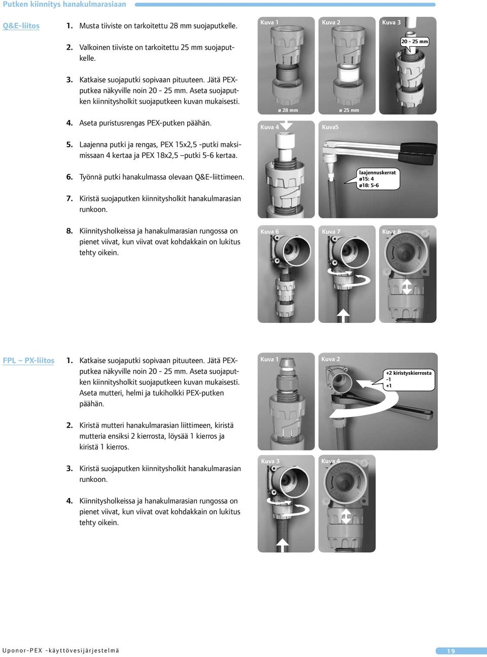 Kuva5 5 Laajenna putki ja rengas, PEX 15x2,5 -putki maksimissaan 4 kertaa ja PEX 18x2,5 putki 5-6 kertaa 6 Työnnä putki hanakulmassa olevaan Q&E-liittimeen laajennuskerrat ø15: 4 ø18: 5-6 7 Kiristä