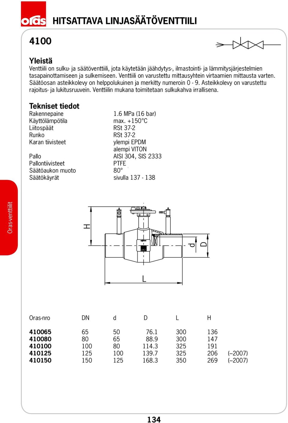 Venttiilin mukana toimitetaan sulkukahva irrallisena. Tekniset tiedot Rakennepaine. MPa ( bar) Käyttölämpötila max.