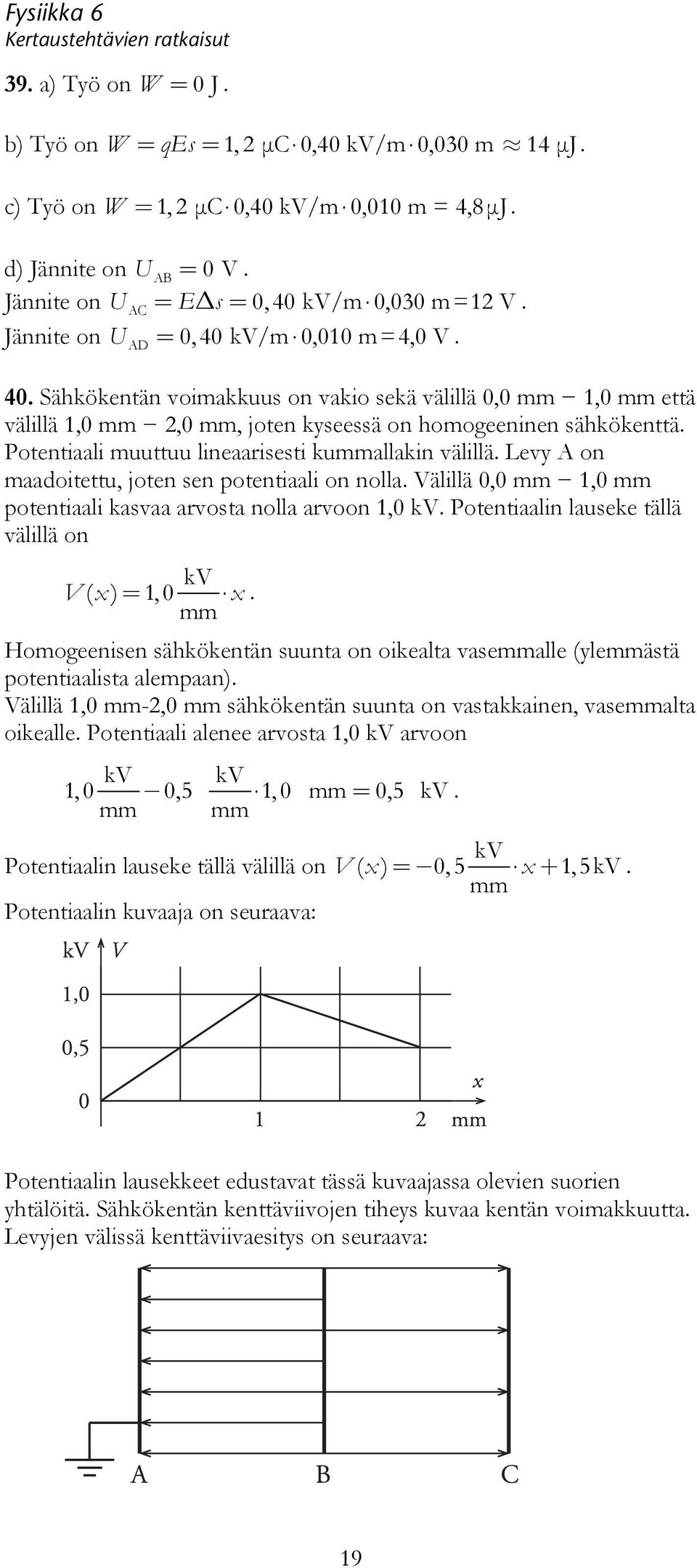 välillä Levy A on maadoitettu, joten sen potentiaali on nolla Välillä 0,0 mm,0 mm potentiaali kasvaa arvosta nolla arvoon,0 kv Potentiaalin lauseke tällä välillä on kv Vx ( ) =,0 x mm Homogeenisen