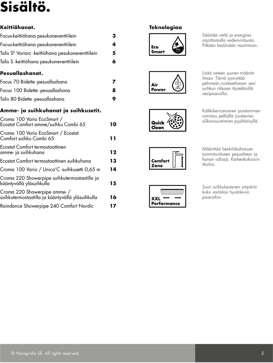 Focus 70 Bidette -pesuallashana 7 Focus 100 Bidette -pesuallashana 8 Talis 80 Bidette -pesuallashana 9 Amme- ja suihkuhanat ja suihkusetit.