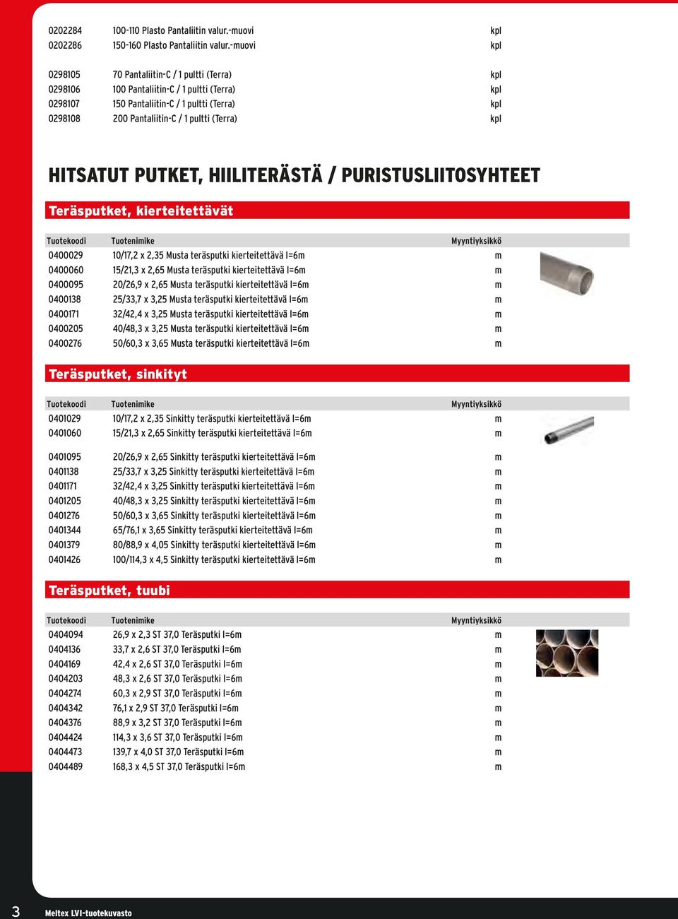 (Terra) kpl HITSATUT PUTKET, HIILITERÄSTÄ / PURISTUSLIITOSYHTEET Teräsputket, kierteitettävät 0400029 10/17,2 x 2,35 Musta teräsputki kierteitettävä l=6m m 0400060 15/21,3 x 2,65 Musta teräsputki