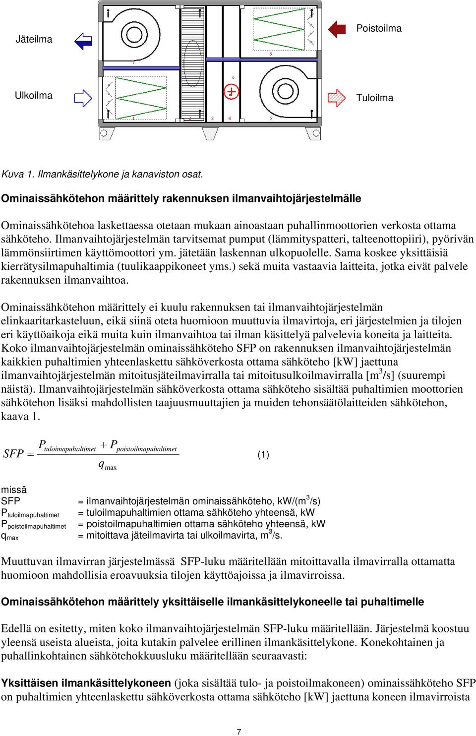 Ilmanvaihtojärjestelmän tarvitsemat pumput (lämmityspatteri, talteenottopiiri), pyörivän lämmönsiirtimen käyttömoottori ym. jätetään laskennan ulkopuolelle.