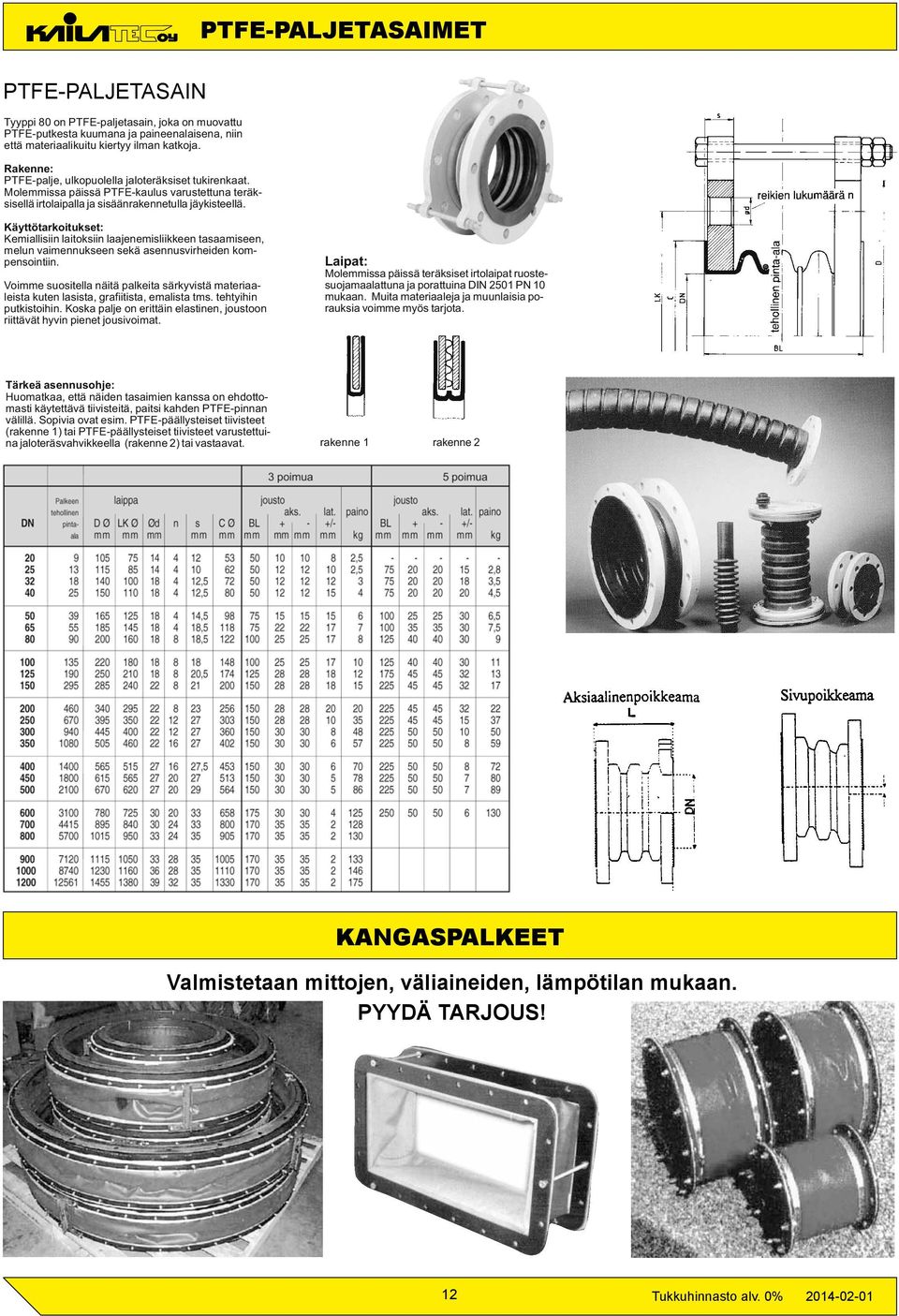 Moleissa päissä teräksiset irtolaipat ruostesuojamaalattuna ja porattuina DIN 2501 PN 10 PTFE-PALJETASAIMET Tyyppi 80 SEJOFLEX on PTFE-paljetasain, PTFE-PALJETASAIN joka on muovattu mukaan.