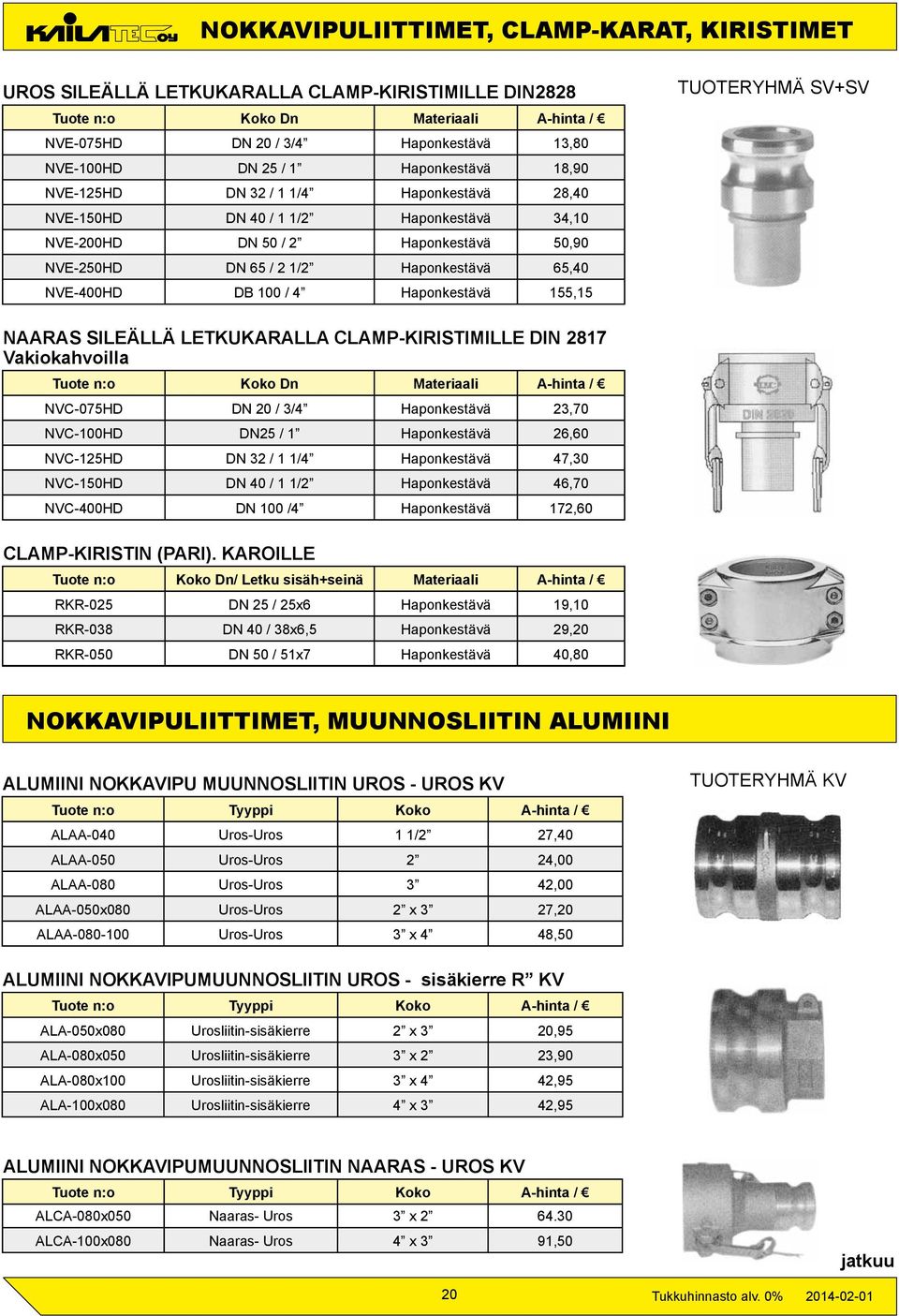 100 / 4 Haponkestävä 155,15 TUOTERYHMÄ SV+SV NAARAS SILEÄLLÄ LETKUKARALLA CLAMP-KIRISTIMILLE DIN 2817 Vakiokahvoilla Tuote n:o Koko Dn Materiaali A-hinta / NVC-075HD DN 20 / 3/4 Haponkestävä 23,70