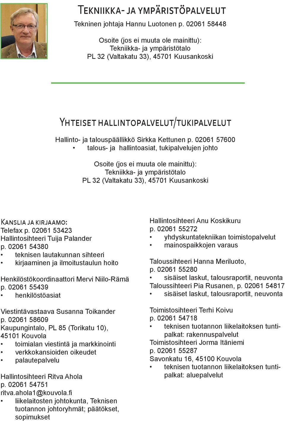 p. 02061 57600 talous- ja hallintoasiat, tukipalvelujen johto Osoite (jos ei muuta ole mainittu): Tekniikka- ja ympäristötalo PL 32 (Valtakatu 33), 45701 Kuusankoski Kanslia ja kirjaamo: Telefax p.