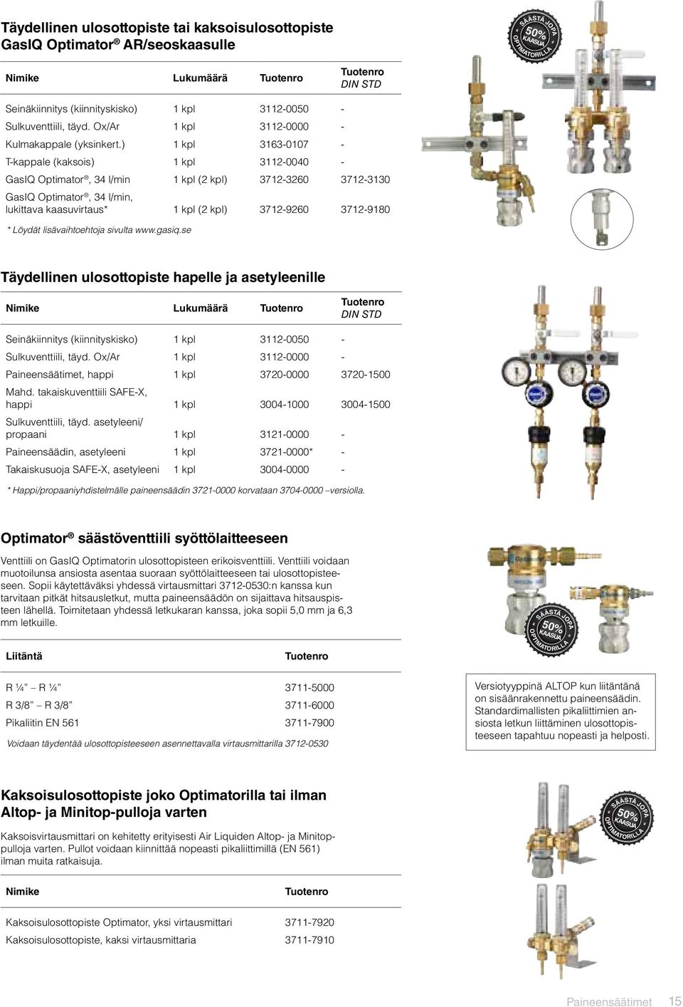 ) 1 kpl 3163-0107 - T-kappale (kaksois) 1 kpl 3112-0040 - GasIQ Optimator, 34 l/min 1 kpl (2 kpl) 3712-3260 3712-3130 GasIQ Optimator, 34 l/min, lukittava kaasuvirtaus* 1 kpl (2 kpl) 3712-9260