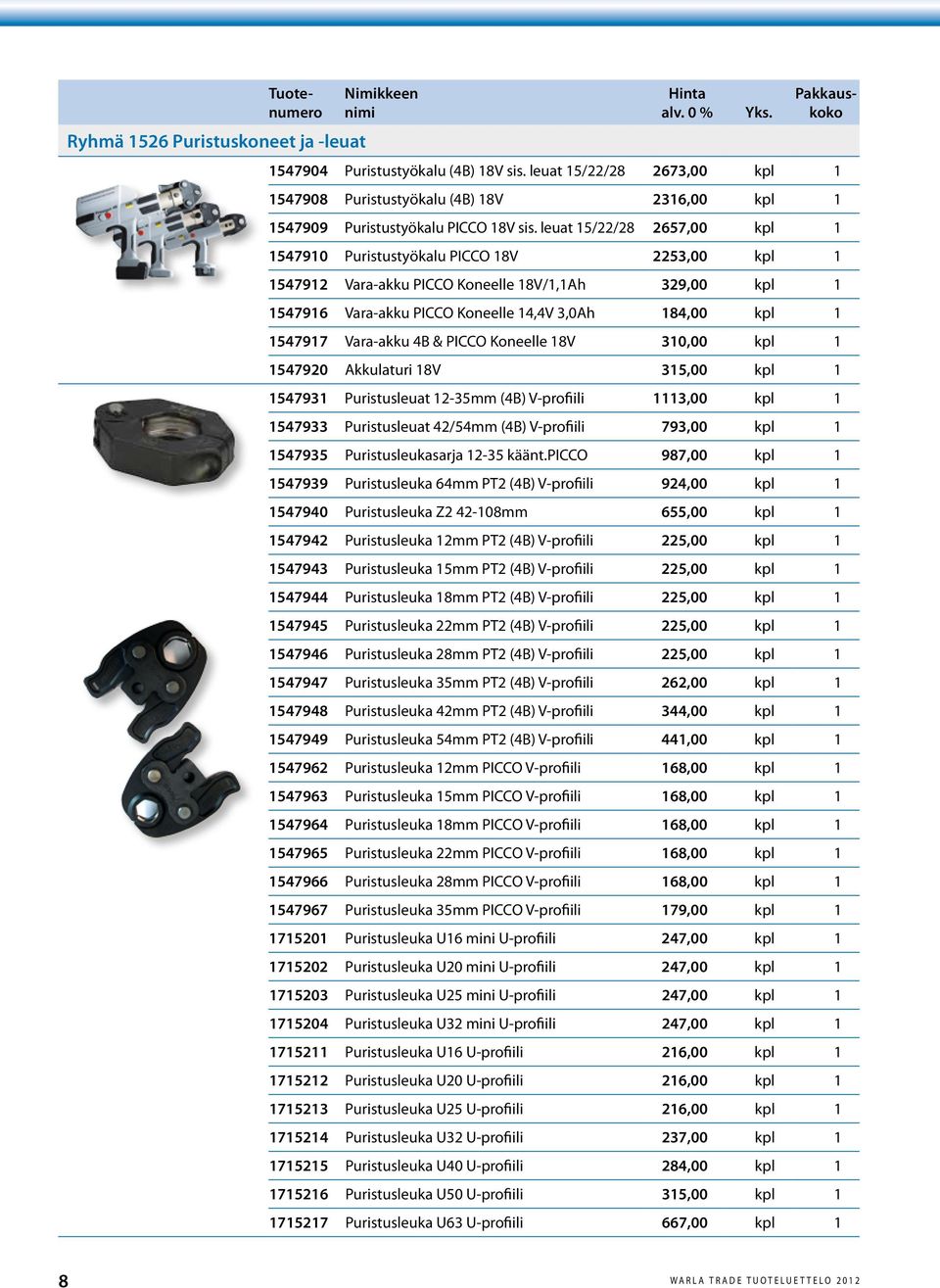 Vara-akku 4B & PICCO Koneelle 18V 310,00 kpl 1 1547920 Akkulaturi 18V 315,00 kpl 1 1547931 Puristusleuat 12-35mm (4B) V-profiili 1113,00 kpl 1 1547933 Puristusleuat 42/54mm (4B) V-profiili 793,00 kpl