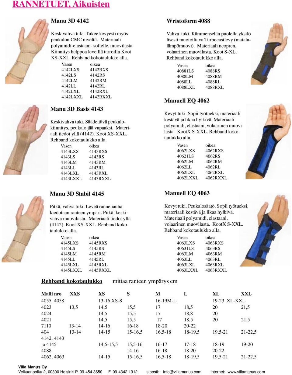 Materiaali tiedot yllä (4142). Koot XS-XXL. ehband kokotaulukko alla. 4143LXS 4143XS 4143LS 4143S 4143LM 4143M 4143LL 4143L 4143LXL 4143XL 4143LXXL 4143XXL Manu 3D Stabil 4145 Pitkä, vahva tuki.