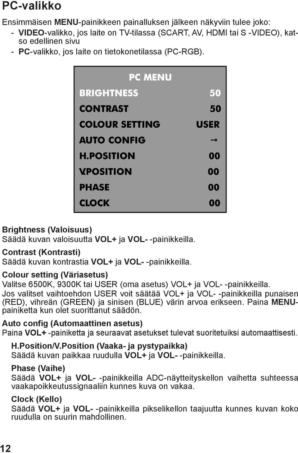 Colour setting (Väriasetus) Valitse 6500K, 9300K tai USER (oma asetus) VOL+ ja VOL- -painikkeilla.