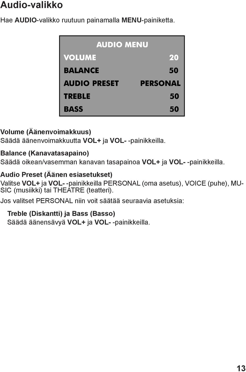 Balance (Kanavatasapaino) Säädä oikean/vasemman kanavan tasapainoa VOL+ ja VOL- -painikkeilla.