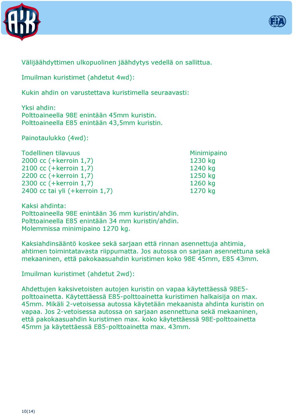 Painotaulukko (4wd): Todellinen tilavuus Minimipaino 2000 cc (+kerroin 1,7) 1230 kg 2100 cc (+kerroin 1,7) 1240 kg 2200 cc (+kerroin 1,7) 1250 kg 2300 cc (+kerroin 1,7) 1260 kg 2400 cc tai yli