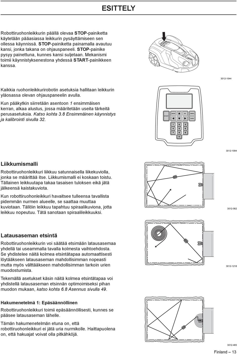 3012-1044 Kaikkia ruohonleikkurirobotin asetuksia hallitaan leikkurin yläosassa olevan ohjauspaneelin avulla.