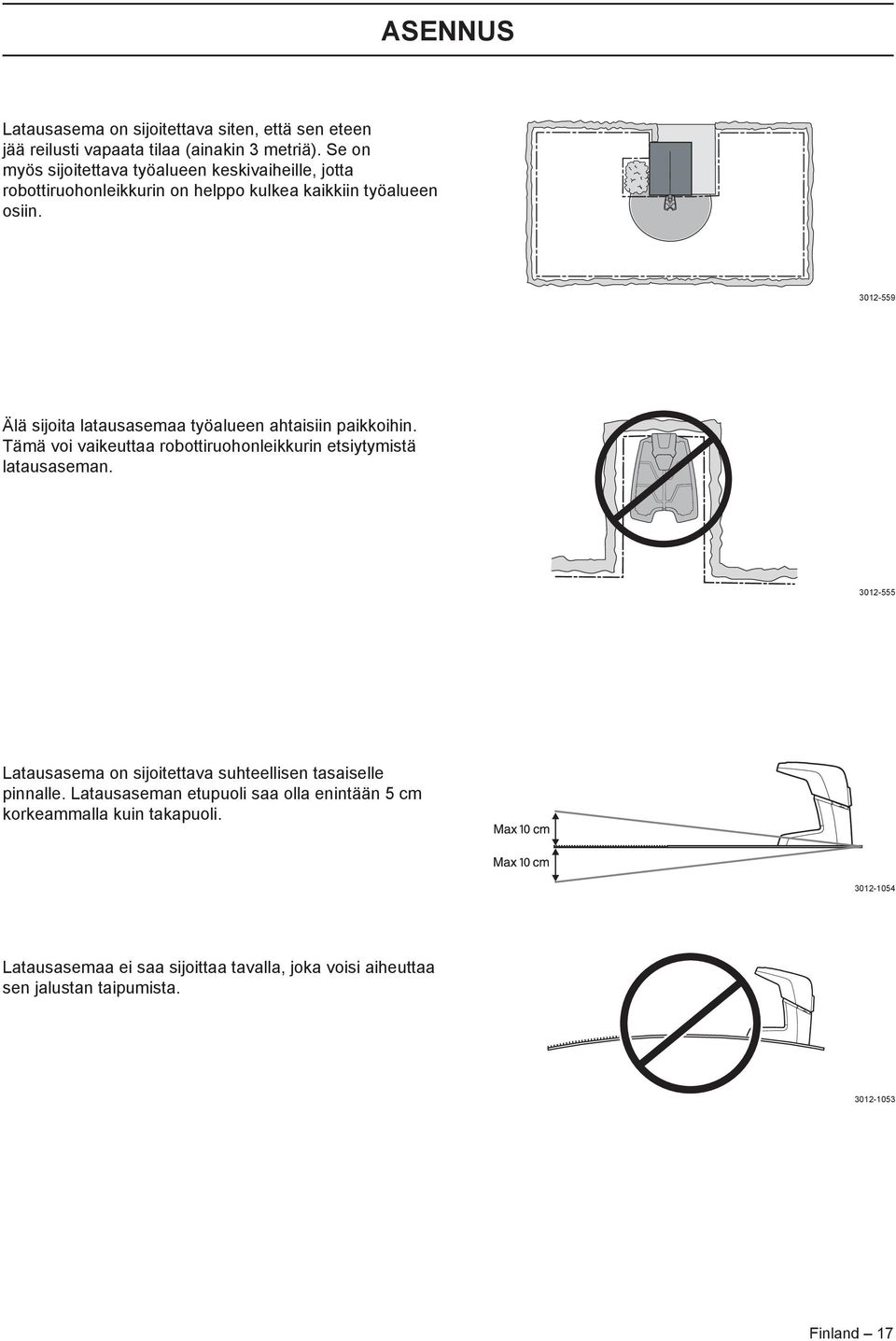 3012-559 Älä sijoita latausasemaa työalueen ahtaisiin paikkoihin. Tämä voi vaikeuttaa robottiruohonleikkurin etsiytymistä latausaseman.