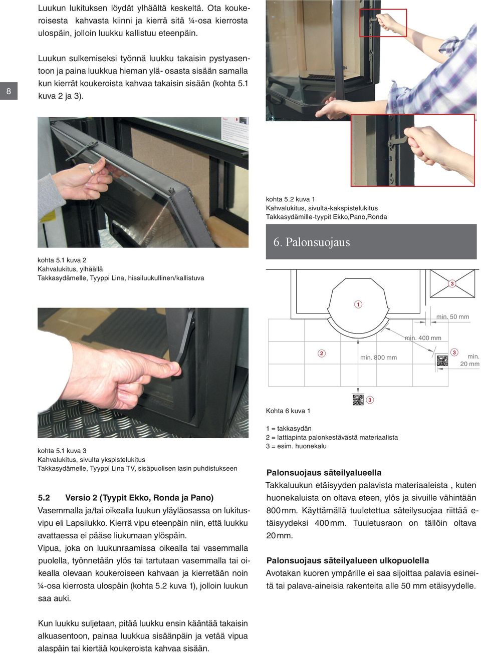 2 kuva 1 Kahvalukitus, sivulta-kakspistelukitus Takkasydämille-tyypit Ekko,Pano,Ronda 6. Palonsuojaus kohta 5.