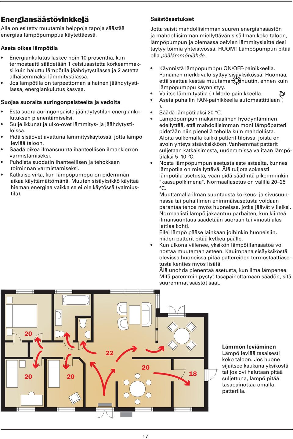 lämmitystilassa. Jos lämpötila on tarpeettoman alhainen jäähdytystilassa, energiankulutus kasvaa.