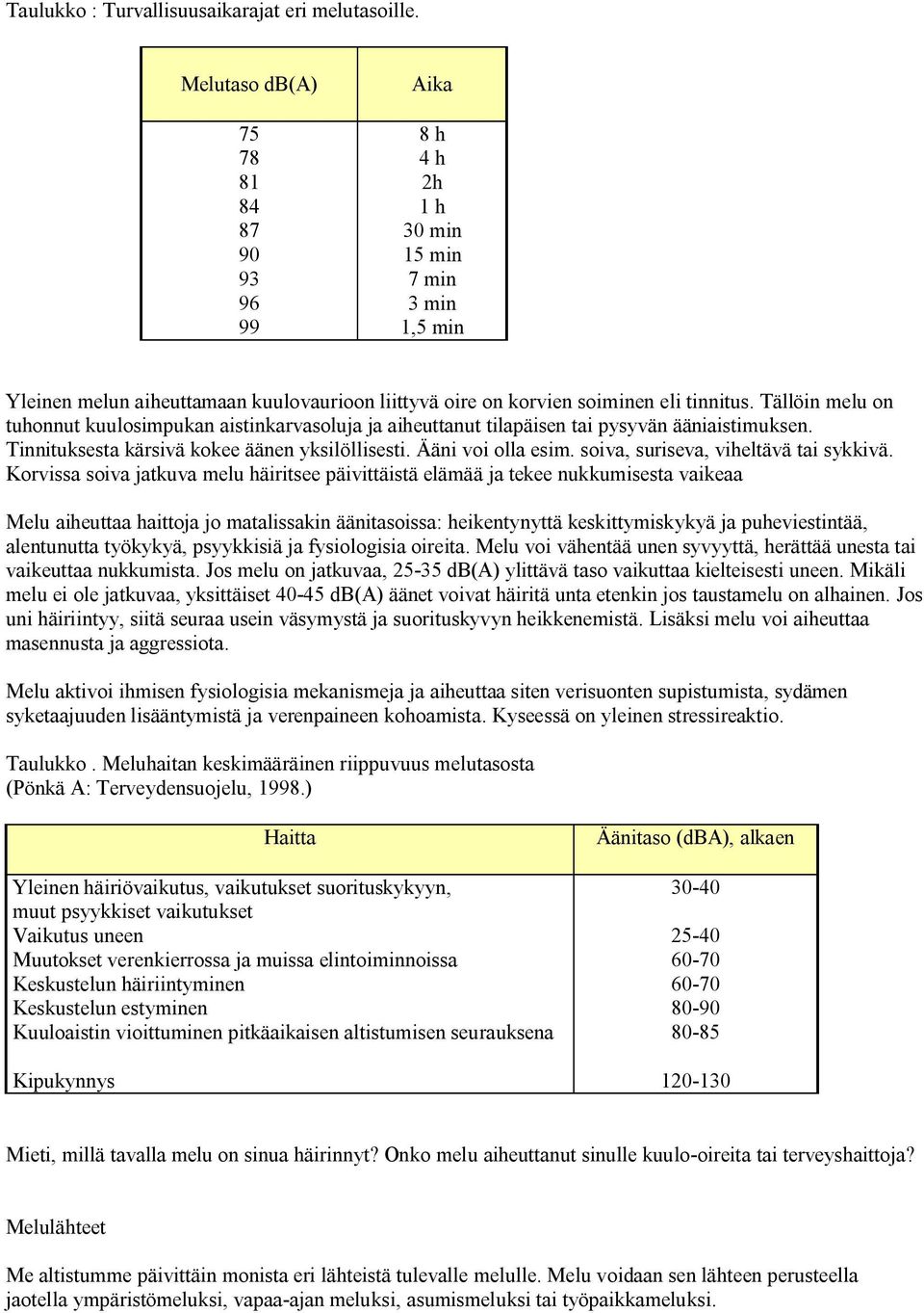 Tällöin melu on tuhonnut kuulosimpukan aistinkarvasoluja ja aiheuttanut tilapäisen tai pysyvän ääniaistimuksen. Tinnituksesta kärsivä kokee äänen yksilöllisesti. Ääni voi olla esim.