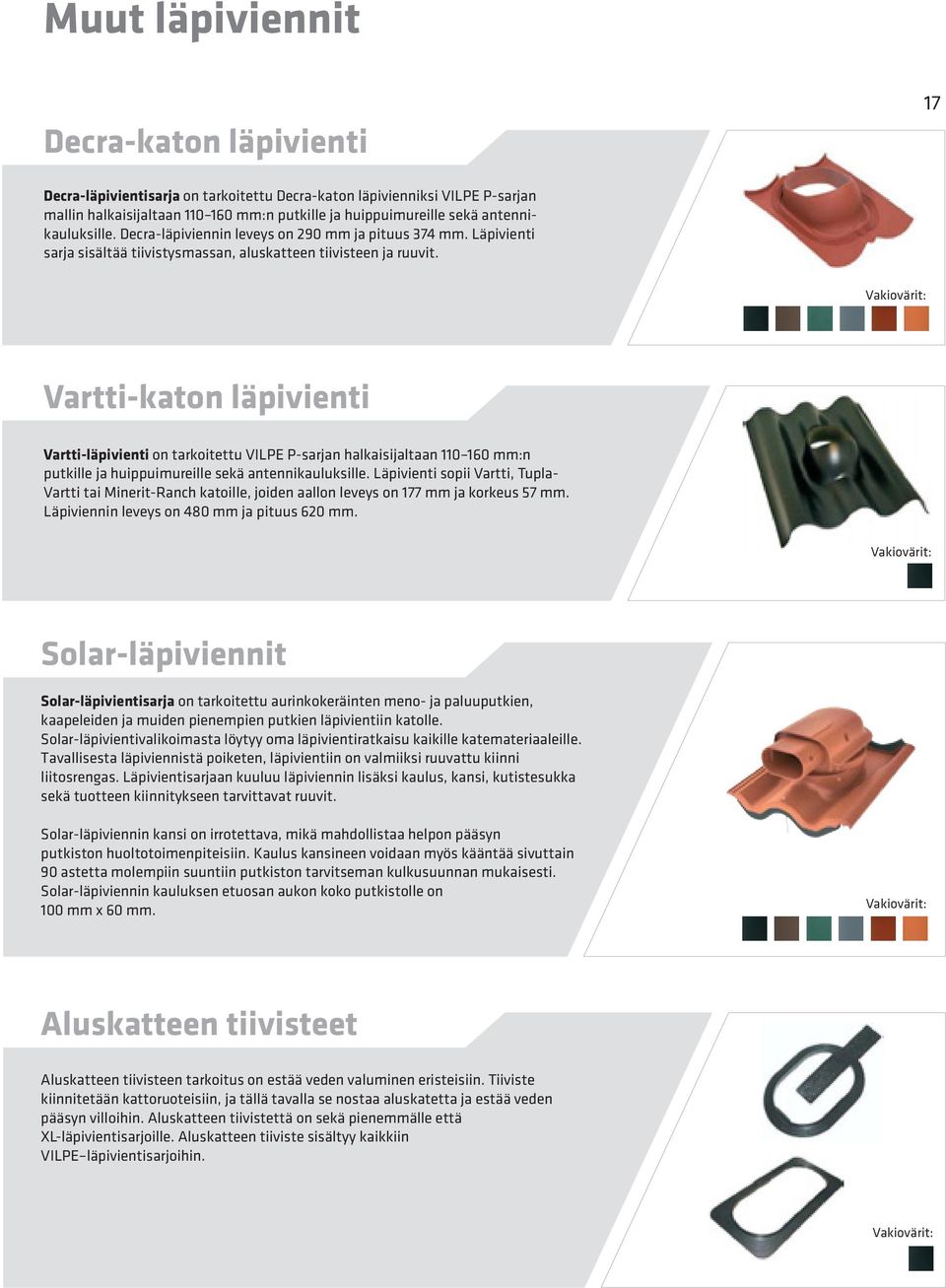 Vartti-katon läpivienti Vartti-läpivienti on tarkoitettu VILPE P-sarjan halkaisijaltaan 110 160 mm:n putkille ja huippuimureille sekä antennikauluksille.