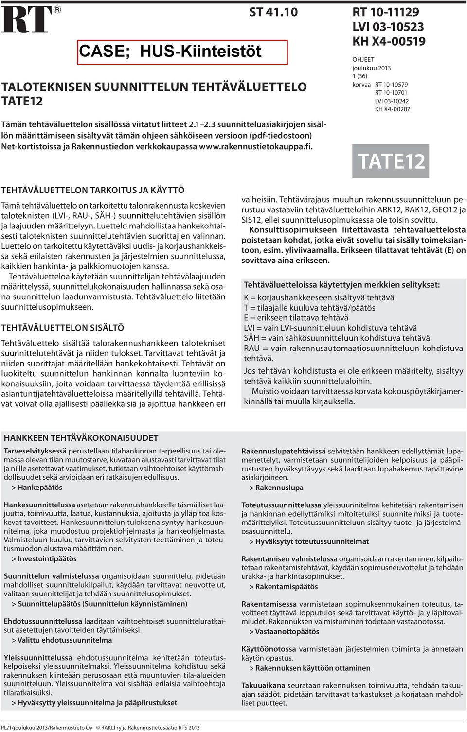 RT 10-11129 LVI 03-10523 KH X4-00519 OHJEET joulukuu 2013 1 (36) korvaa RT 10-10579 RT 10-10701 LVI 03-10242 KH X4-00207 TATE12 TEHTÄVÄLUETTELON TARKOITUS JA KÄYTTÖ Tämä tehtäväluettelo on