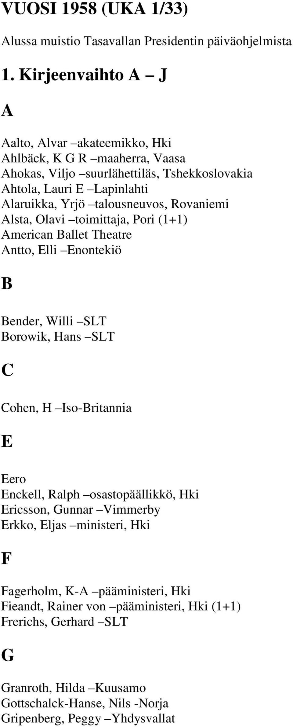 talousneuvos, Rovaniemi Alsta, Olavi toimittaja, Pori (1+1) American Ballet Theatre Antto, Elli Enontekiö B Bender, Willi SLT Borowik, Hans SLT C Cohen, H Iso-Britannia E Eero