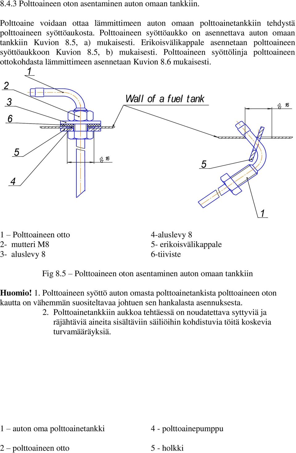 Polttoaineen syöttölinja polttoaineen ottokohdasta lämmittimeen asennetaan Kuvion 8.6 mukaisesti.