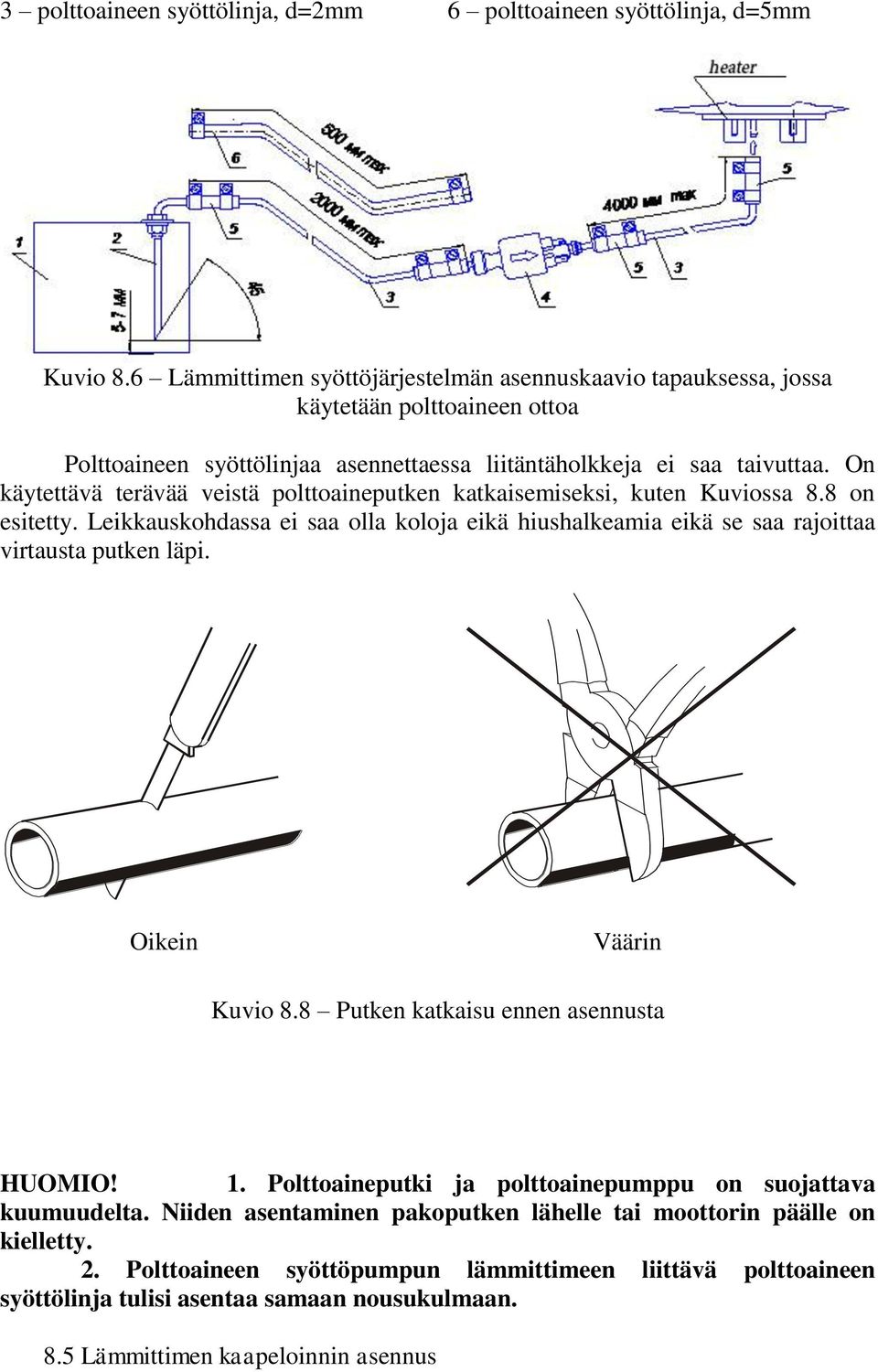 On käytettävä terävää veistä polttoaineputken katkaisemiseksi, kuten Kuviossa 8.8 on esitetty. Leikkauskohdassa ei saa olla koloja eikä hiushalkeamia eikä se saa rajoittaa virtausta putken läpi.