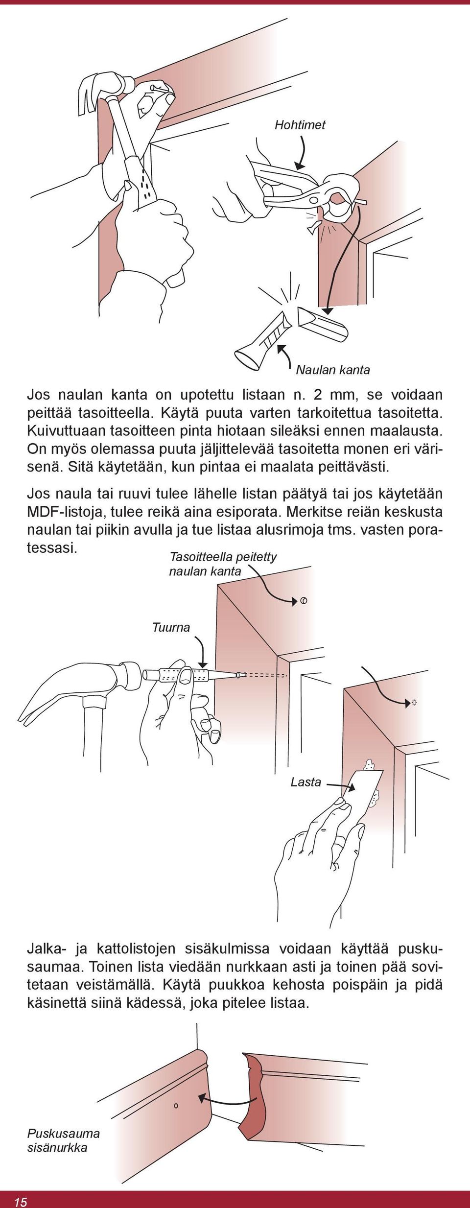 Jos naula tai ruuvi tulee lähelle listan päätyä tai jos käytetään MDF-listoja, tulee reikä aina esiporata. Merkitse reiän keskusta naulan tai piikin avulla ja tue listaa alusrimoja tms.