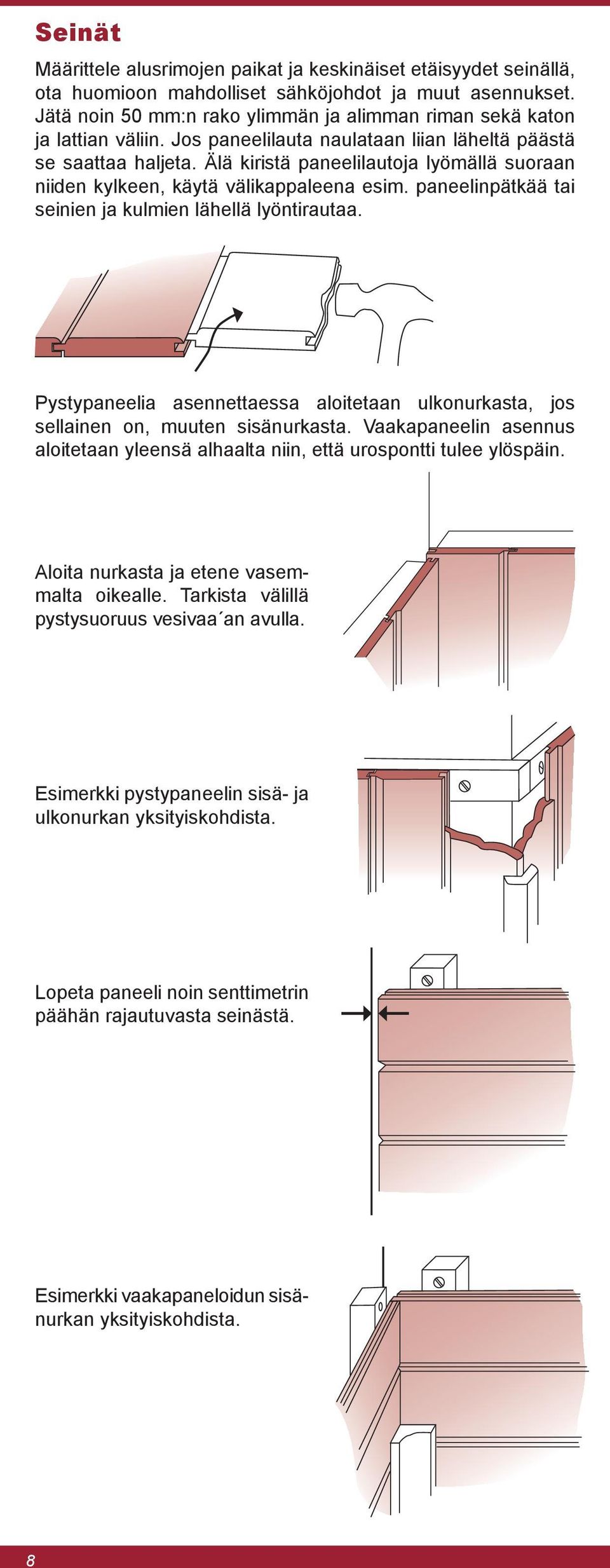 Älä kiristä paneelilautoja lyömällä suoraan niiden kylkeen, käytä välikappaleena esim. paneelinpätkää tai seinien ja kulmien lähellä lyöntirautaa.