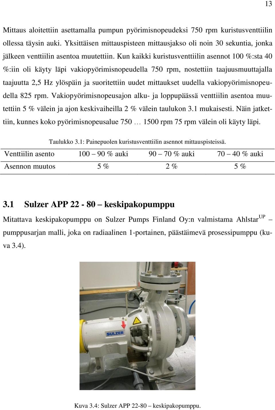 Kun kaikki kuristusventtiilin asennot 100 %:sta 40 %:iin oli käyty läpi vakiopyörimisnopeudella 750 rpm, nostettiin taajuusmuuttajalla taajuutta,5 Hz ylöspäin ja suoritettiin uudet mittaukset uudella