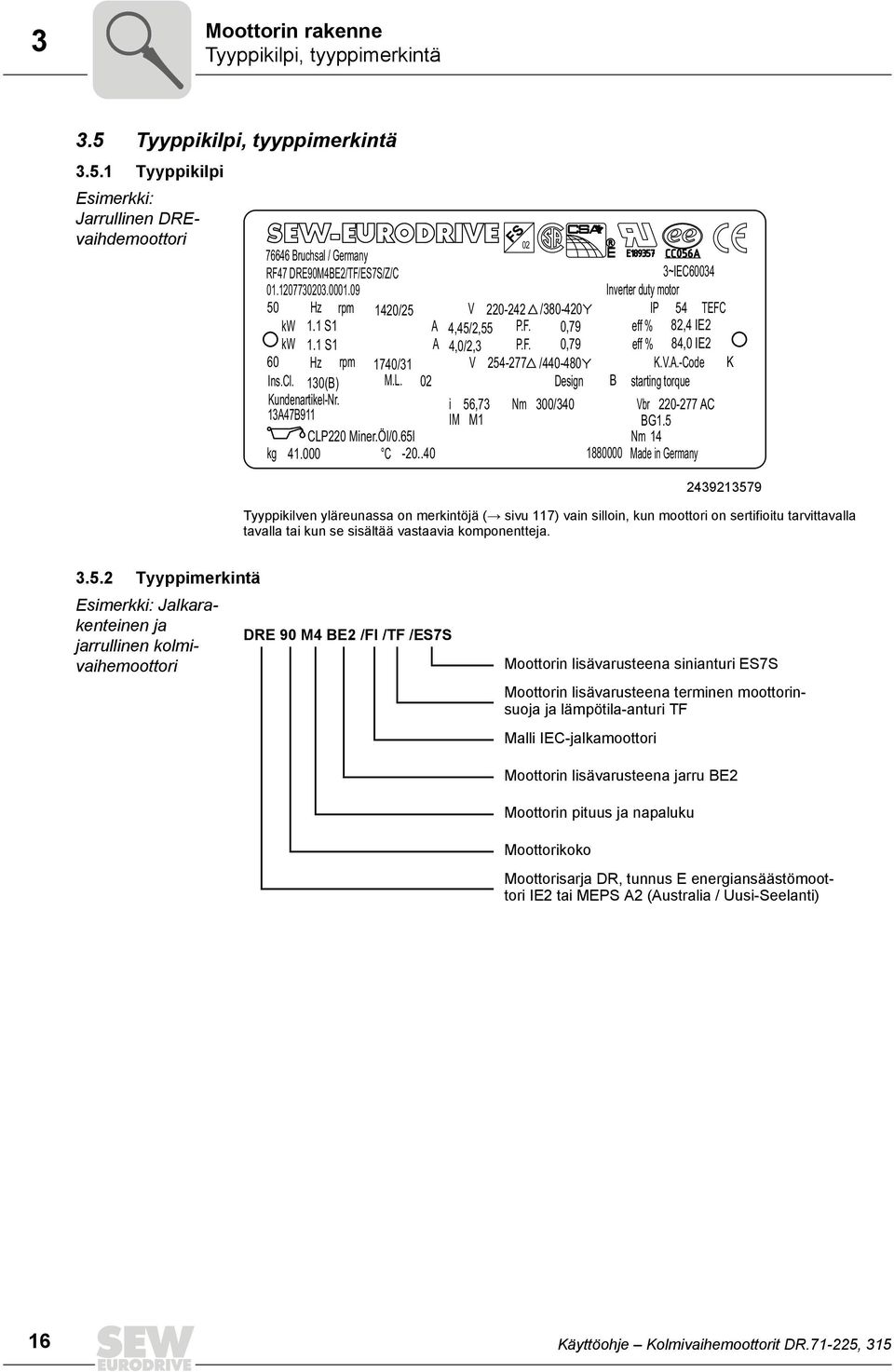 V.A.-Code K Ins.Cl. 130(B) M.L. 02 Design B starting torque Kundenartikel-Nr. i 56,73 Nm 300/340 Vbr 220-277 AC 13A47B911 IM M1 BG1.5 CLP220 Miner.Öl/0.65l Nm 14 kg 41.000 C -20.