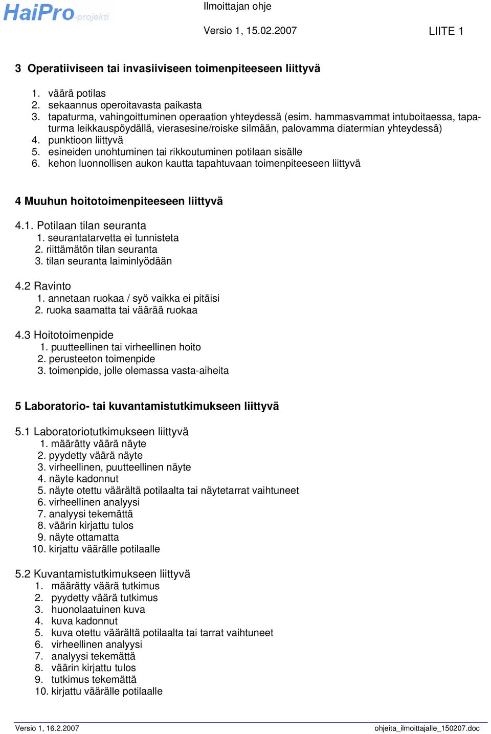 esineiden unohtuminen tai rikkoutuminen potilaan sisälle 6. kehon luonnollisen aukon kautta tapahtuvaan toimenpiteeseen liittyvä 4 Muuhun hoitotoimenpiteeseen liittyvä 4.1. Potilaan tilan seuranta 1.