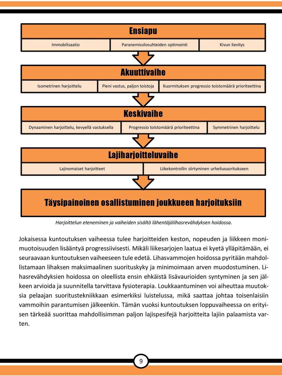 urheilusuoritukseen Täysipainoinen osallistuminen joukkueen harjoituksiin Harjoittelun eteneminen ja vaiheiden sisältö lähentäjälihasrevähdyksen hoidossa.