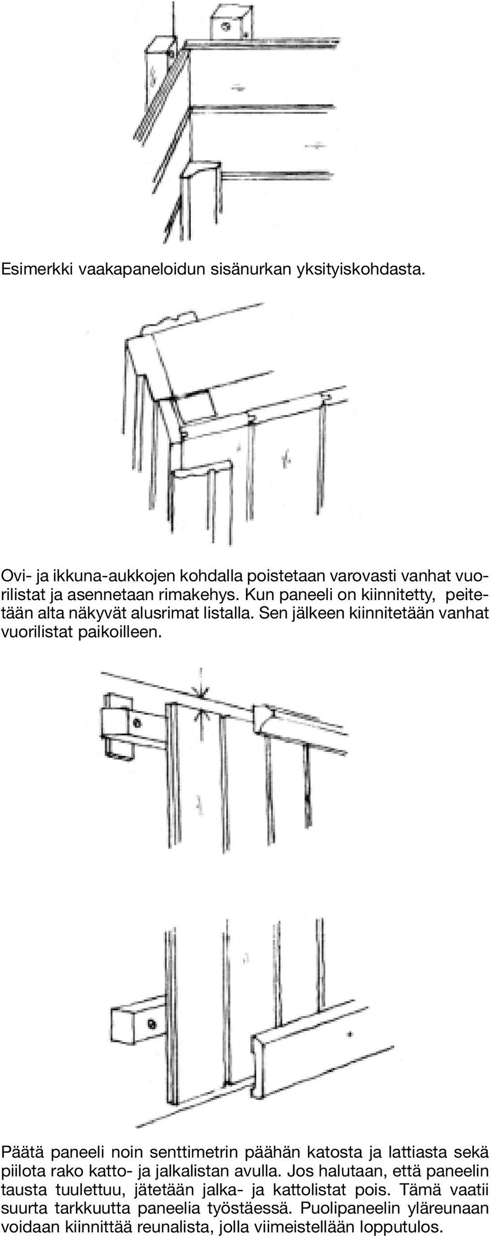 Päätä paneeli noin senttimetrin päähän katosta ja lattiasta sekä piilota rako katto- ja jalkalistan avulla.