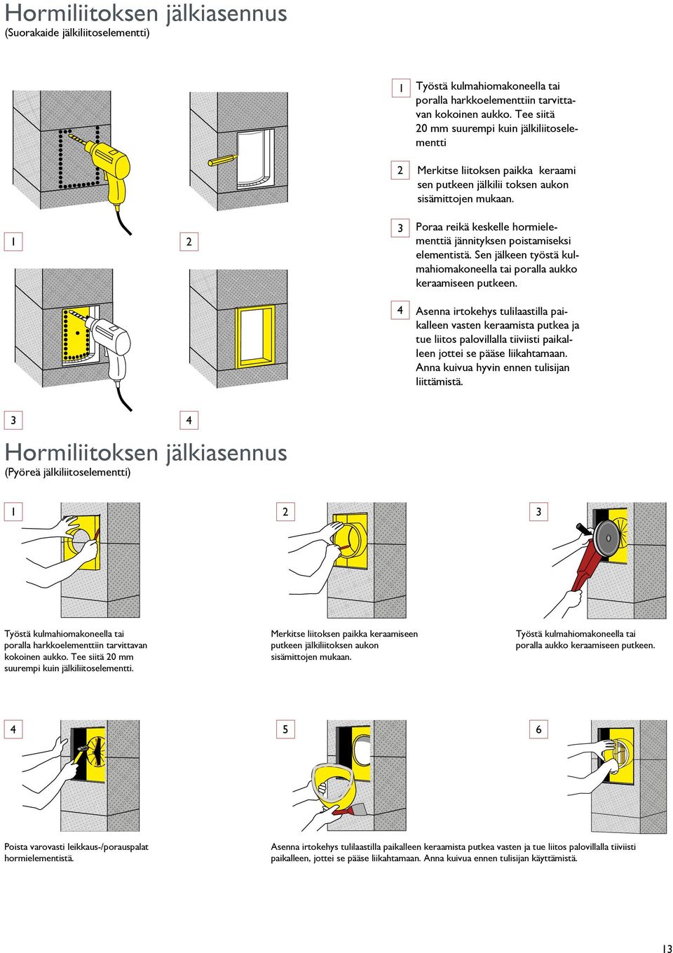 1 2 3 Poraa reikä keskelle hormielementtiä jännityksen poistamiseksi elementistä. Sen jälkeen työstä kulmahiomakoneella tai poralla aukko keraamiseen putkeen.