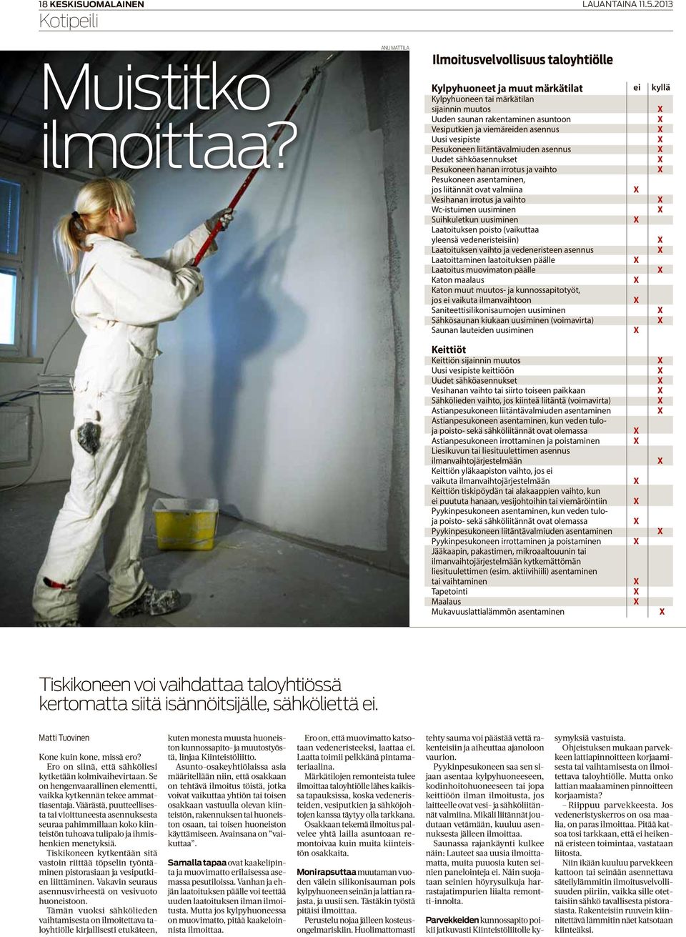 Uudet sähköasennukset Pesukoneen hanan irrotus ja vaihto Pesukoneen asentaminen, jos liitännät ovat valmiina Vesihanan irrotus ja vaihto Wc-istuimen uusiminen Suihkuletkun uusiminen Laatoituksen