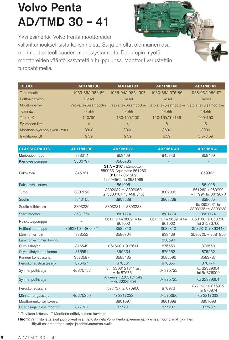 TIEDOT AD/TMD 30 AD/TMD 31 AD/TMD 40 AD/TMD 41 Tuotantoaika 1983-86/1983-86 1986-04/1986-1997 1980-86/1976-86 1988-05/1986-97 Polttoainetyyppi Diesel Diesel Diesel Diesel Moottoriperhe
