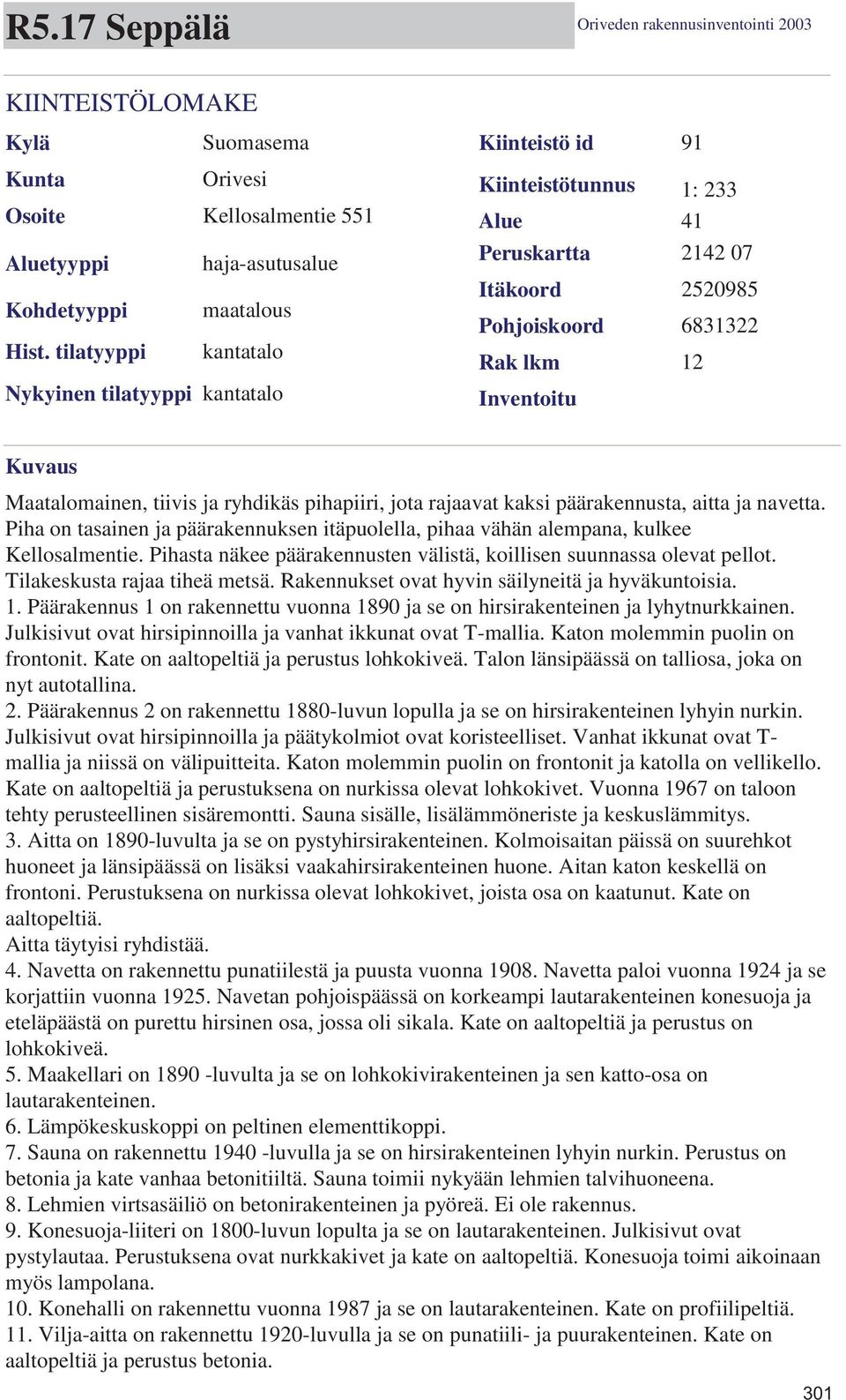 ryhdikäs pihapiiri, jota rajaavat kaksi päärakennusta, aitta ja navetta. Piha on tasainen ja päärakennuksen itäpuolella, pihaa vähän alempana, kulkee Kellosalmentie.