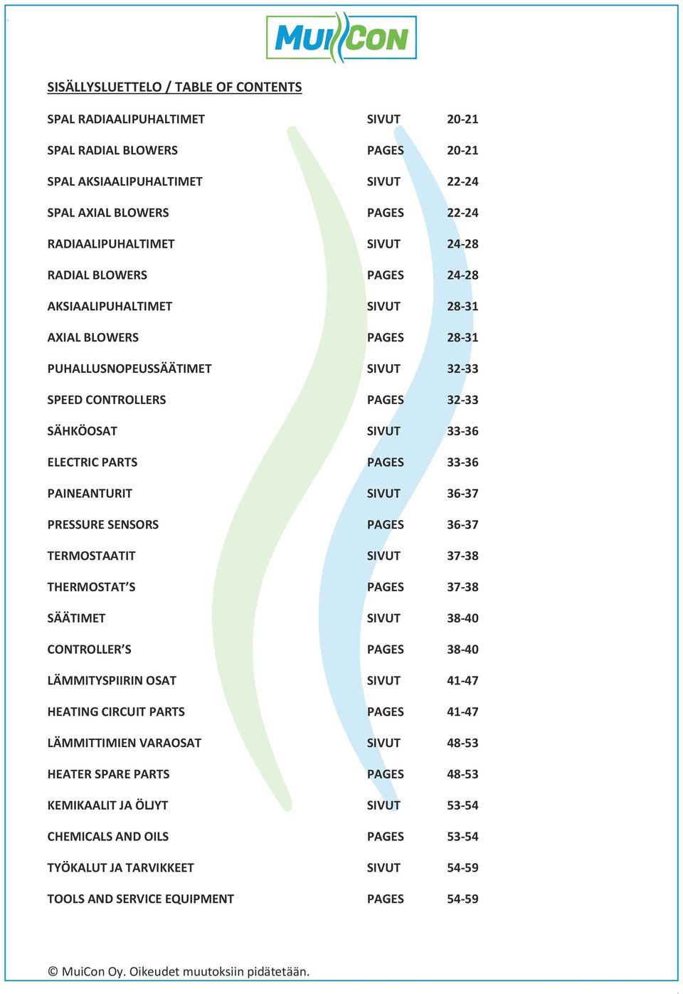 33-36 PAINEANTURIT SIVUT 36-37 PRESSURE SENSORS PAGES 36-37 TERMOSTAATIT SIVUT 37-38 THERMOSTAT S PAGES 37-38 SÄÄTIMET SIVUT 38-40 CONTROLLER S PAGES 38-40 LÄMMITYSPIIRIN OSAT SIVUT 41-47 HEATING