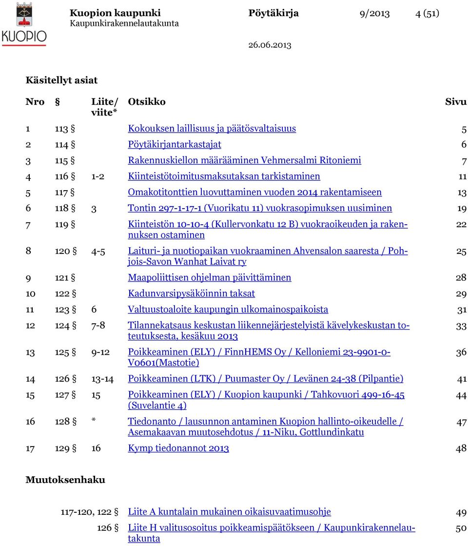 vuokrasopimuksen uusiminen 19 7 119 Kiinteistön 10-10-4 (Kullervonkatu 12 B) vuokraoikeuden ja rakennuksen ostaminen 8 120 4-5 Laituri- ja nuotiopaikan vuokraaminen Ahvensalon saaresta /