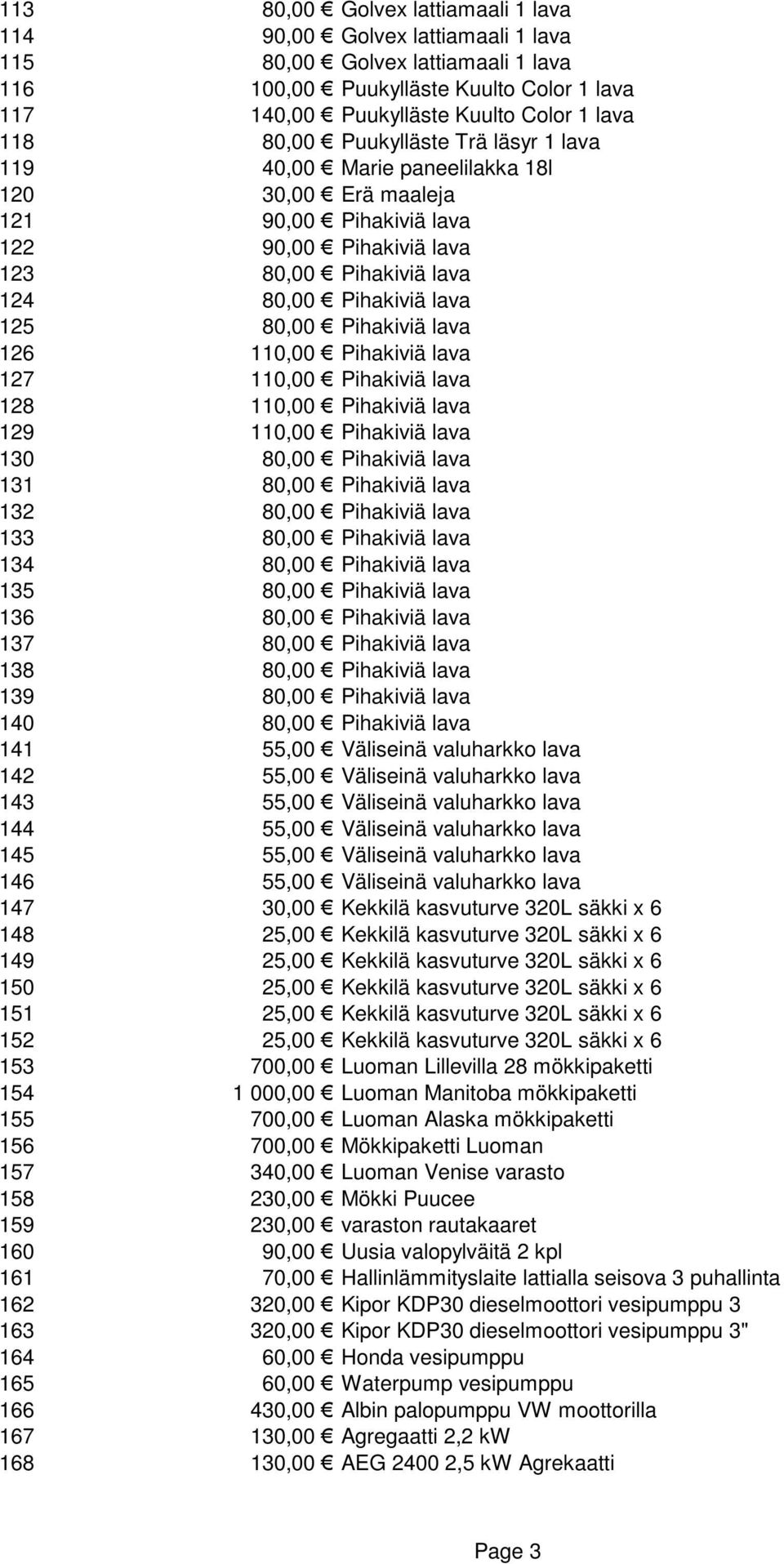 Pihakiviä lava 126 110,00 Pihakiviä lava 127 110,00 Pihakiviä lava 128 110,00 Pihakiviä lava 129 110,00 Pihakiviä lava 130 80,00 Pihakiviä lava 131 80,00 Pihakiviä lava 132 80,00 Pihakiviä lava 133