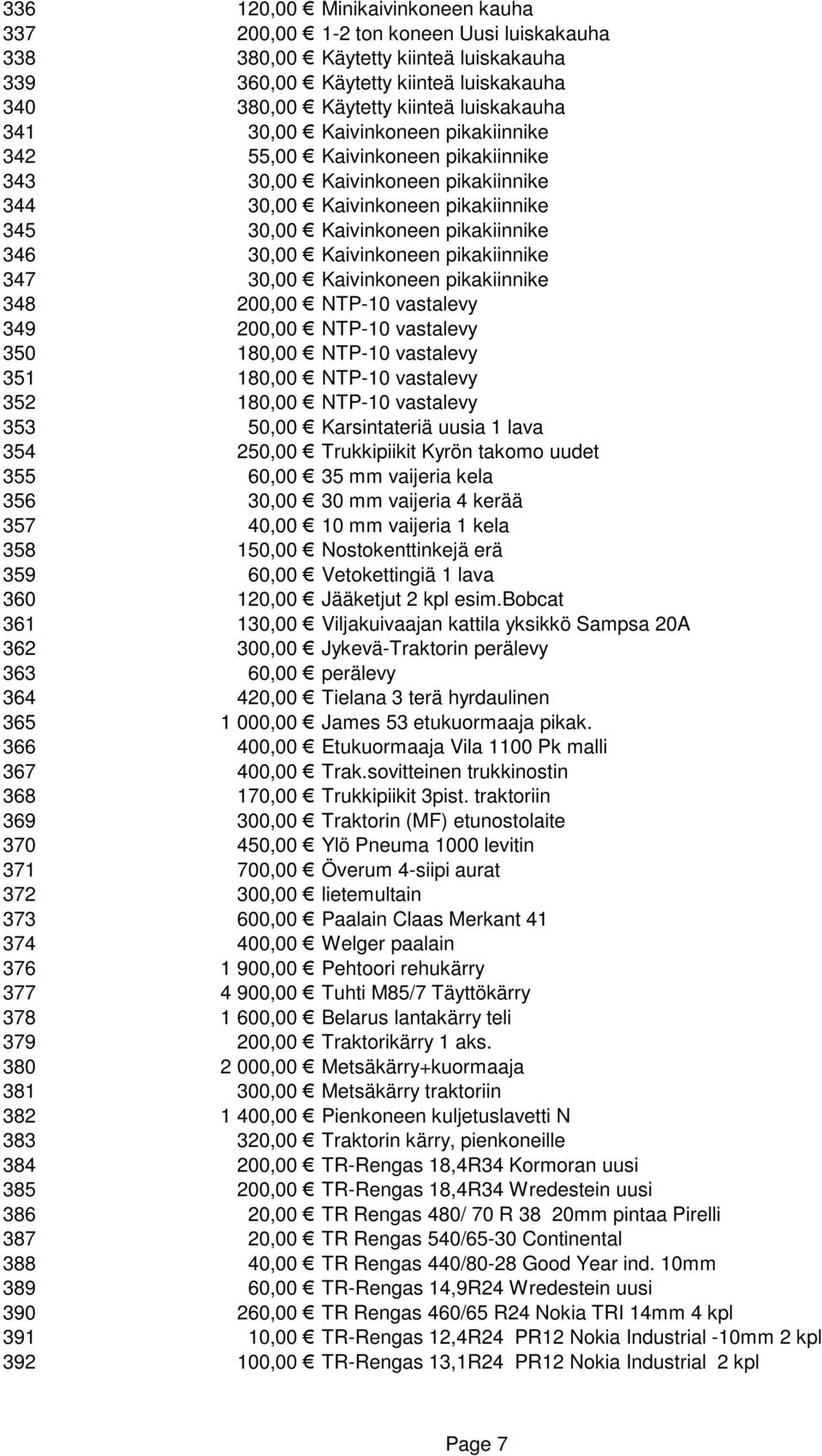 Kaivinkoneen pikakiinnike 347 30,00 Kaivinkoneen pikakiinnike 348 200,00 NTP-10 vastalevy 349 200,00 NTP-10 vastalevy 350 180,00 NTP-10 vastalevy 351 180,00 NTP-10 vastalevy 352 180,00 NTP-10