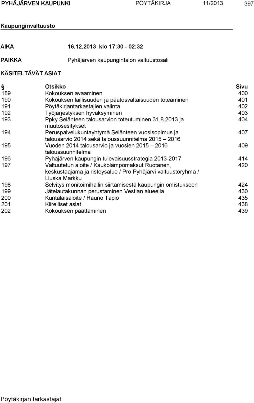 Pöytäkirjantarkastajien valinta 402 192 Työjärjestyksen hyväksyminen 403 193 Ppky Selänteen talousarvion toteutuminen 31.8.