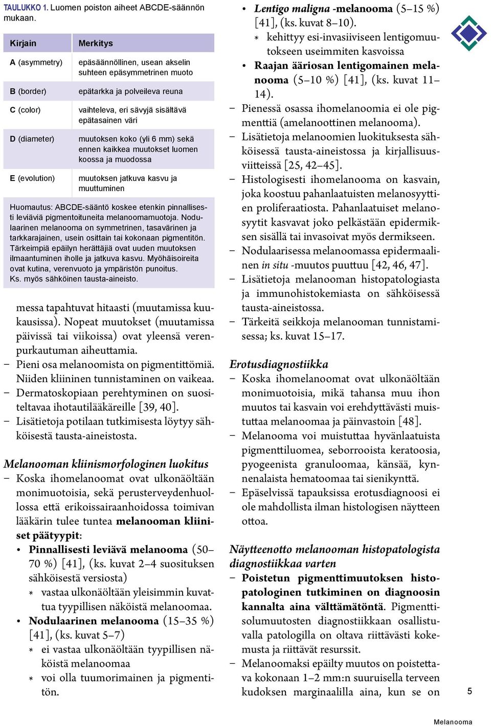 sisältävä epätasainen väri muutoksen koko (yli 6 mm) sekä ennen kaikkea muutokset luomen koossa ja muodossa muutoksen jatkuva kasvu ja muuttuminen Huomautus: ABCDE-sääntö koskee etenkin pinnallisesti