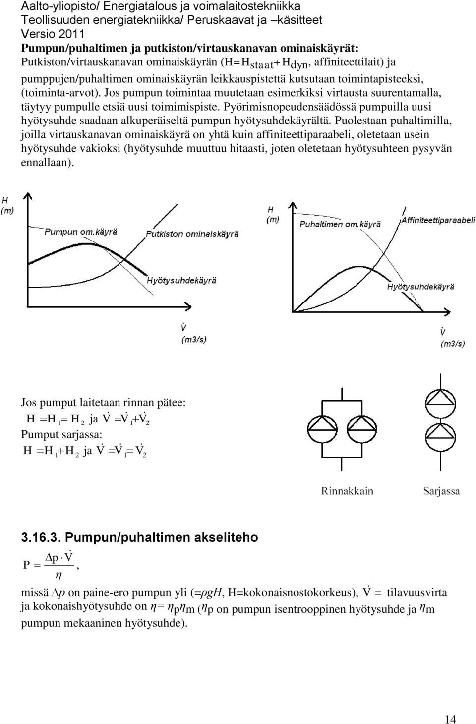 Pyörimisnopeudensäädössä pumpuilla uusi hyötysuhde saadaan alkuperäiseltä pumpun hyötysuhdekäyrältä.