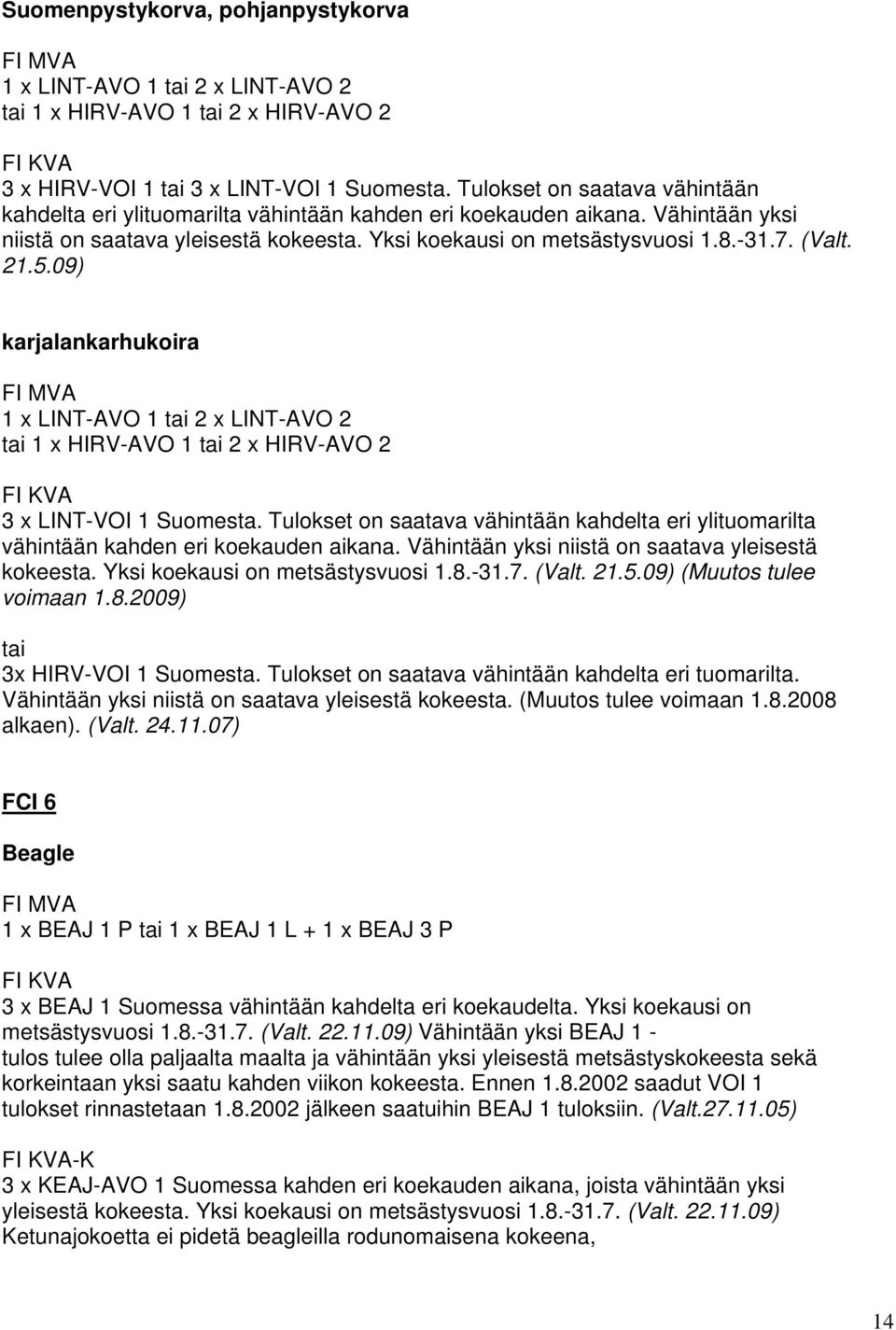 21.5.09) karjalankarhukoira 1 x LINT-AVO 1 tai 2 x LINT-AVO 2 tai 1 x HIRV-AVO 1 tai 2 x HIRV-AVO 2 3 x LINT-VOI 1 Suomesta.  21.5.09) (Muutos tulee voimaan 1.8.2009) tai 3x HIRV-VOI 1 Suomesta.