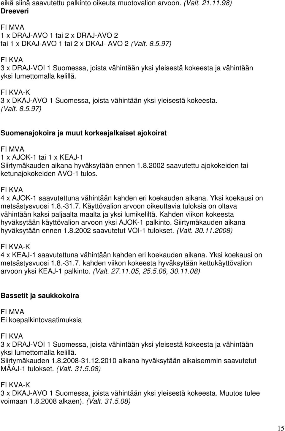 97) Suomenajokoira ja muut korkeajalkaiset ajokoirat 1 x AJOK-1 tai 1 x KEAJ-1 Siirtymäkauden aikana hyväksytään ennen 1.8.2002 saavutettu ajokokeiden tai ketunajokokeiden AVO-1 tulos.