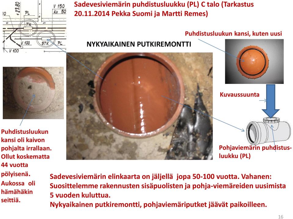 pohjalta irrallaan. Ollut koskematta 44 vuotta pölyisenä. Aukossa oli hämähäkin seittiä.